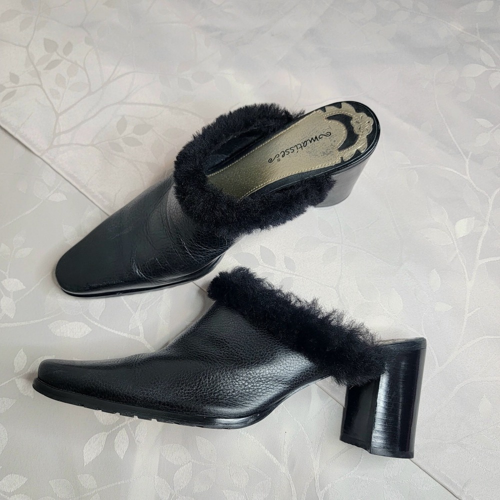 Matisse Black Leather Block Heeled Tapered Toe Slide Mules Business Casual 9.5M‎